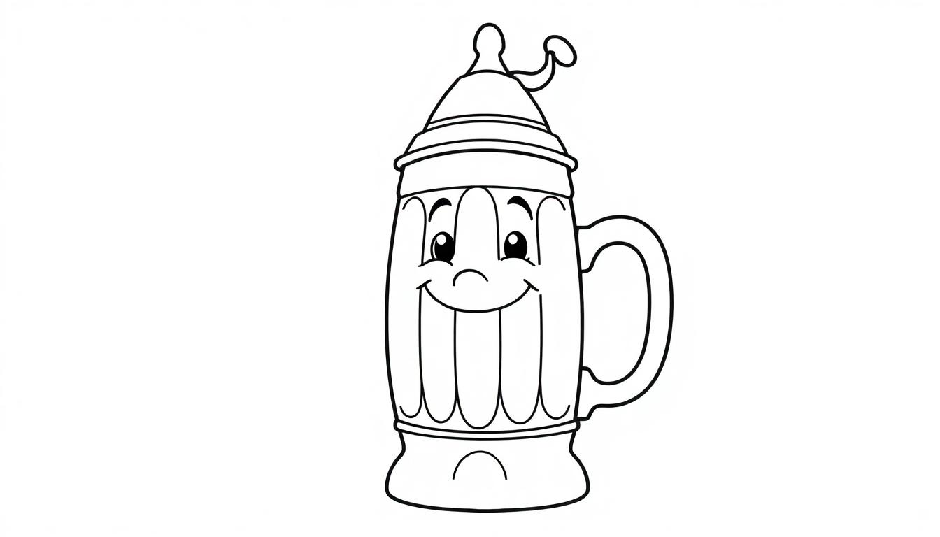 Eine lustige Farbtafel eines Cartoon-Bierkrugs mit einem Hut und einem Lächeln.