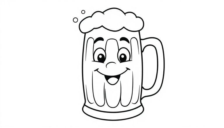 Eine Schwarz-Weiß-Farbtafel eines freundlichen Cartoon-Bierkrugs mit Schaum.