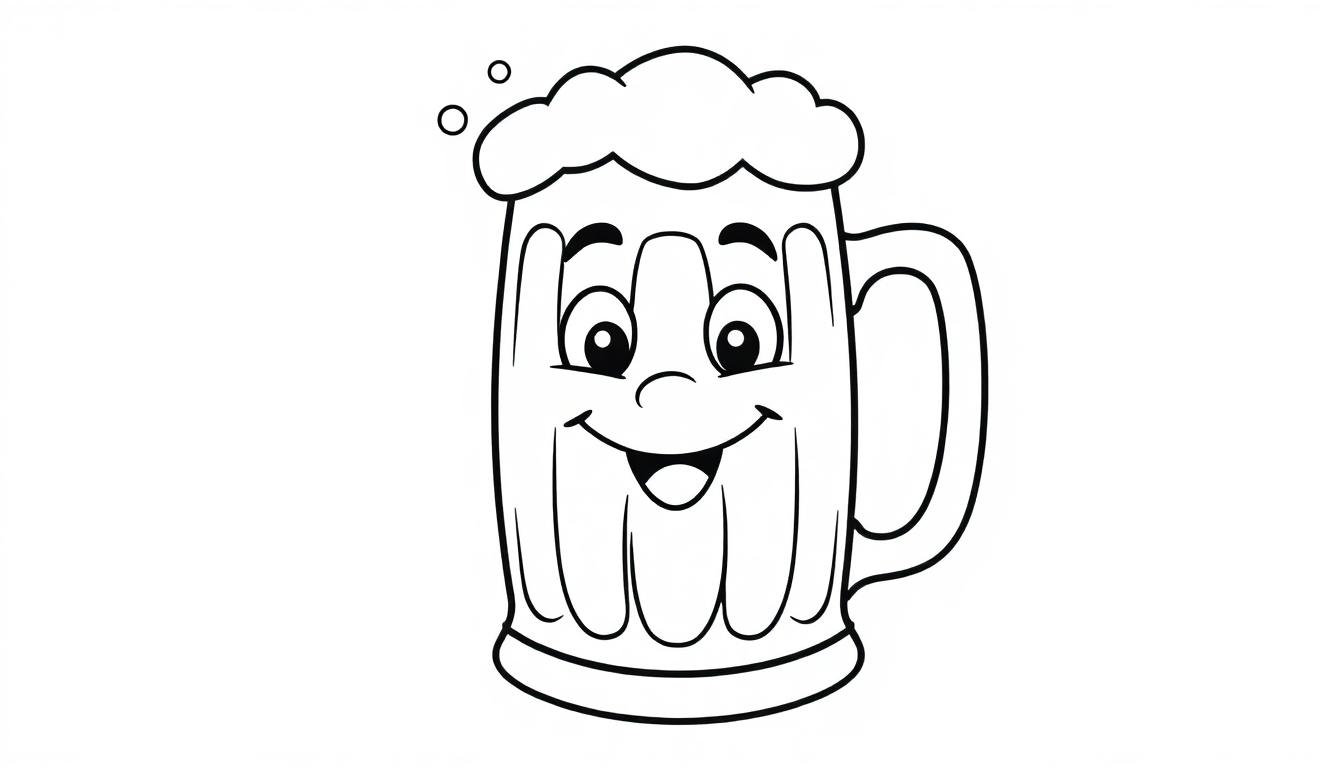 Eine Schwarz-Weiß-Farbtafel eines freundlichen Cartoon-Bierkrugs mit Schaum.