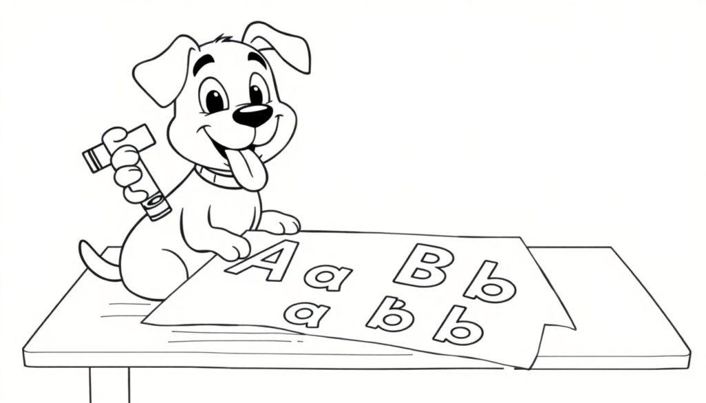 Ein fröhlicher Hund mit Halsband sitzt an einem Tisch und lernt Buchstaben. Er lächelt und hält ein Stempel-ähnliches Werkzeug in der Pfote, während auf dem Papier vor ihm die Buchstaben A, a, B, b zu sehen sind. Schwarz-weiß Farbtafel-Illustration.