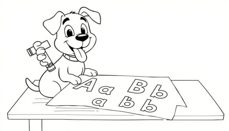 Ein fröhlicher Hund mit Halsband sitzt an einem Tisch und lernt Buchstaben. Er lächelt und hält ein Stempel-ähnliches Werkzeug in der Pfote, während auf dem Papier vor ihm die Buchstaben A, a, B, b zu sehen sind. Schwarz-weiß Farbtafel-Illustration.