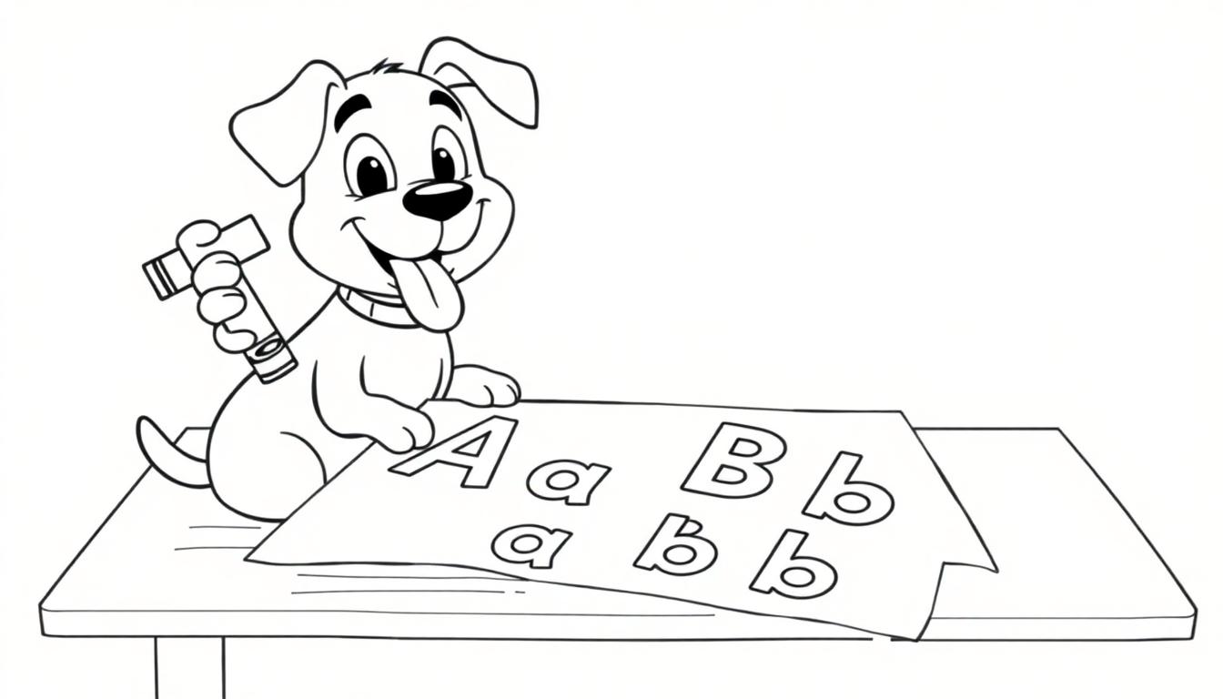 Ein fröhlicher Hund mit Halsband sitzt an einem Tisch und lernt Buchstaben. Er lächelt und hält ein Stempel-ähnliches Werkzeug in der Pfote, während auf dem Papier vor ihm die Buchstaben A, a, B, b zu sehen sind. Schwarz-weiß Farbtafel-Illustration.
