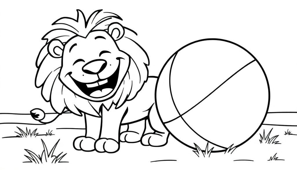 Schwarz-weiße Zeichnung eines Cartoon-Löwen, der neben einem Ball steht, bereit zum Ausmalen. Eine Farbtafel für fröhliche Kinder.