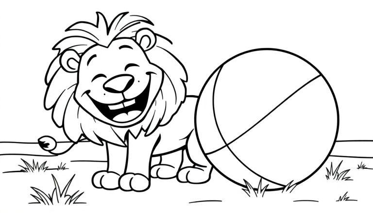 Schwarz-weiße Zeichnung eines Cartoon-Löwen, der neben einem Ball steht, bereit zum Ausmalen. Eine Farbtafel für fröhliche Kinder.