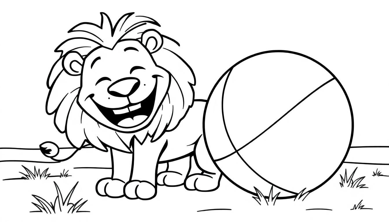 Schwarz-weiße Zeichnung eines Cartoon-Löwen, der neben einem Ball steht, bereit zum Ausmalen. Eine Farbtafel für fröhliche Kinder.