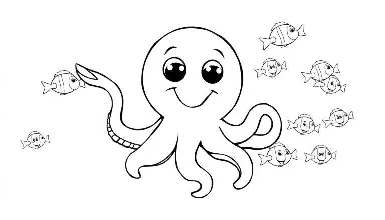Schwarz-Weiß-Farbtafel eines lächelnden Oktopus, der mit Clownfischen schwimmt.