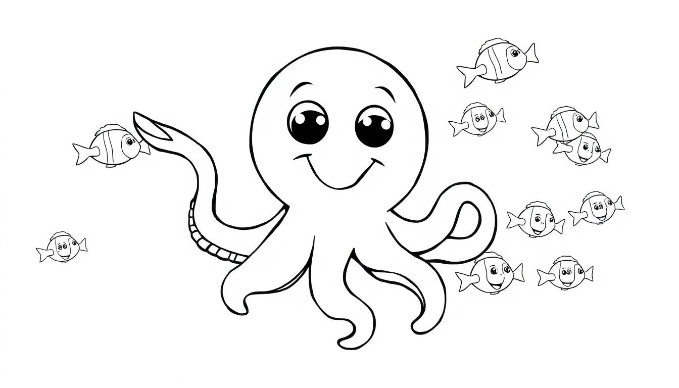 Schwarz-Weiß-Farbtafel eines lächelnden Oktopus, der mit Clownfischen schwimmt.