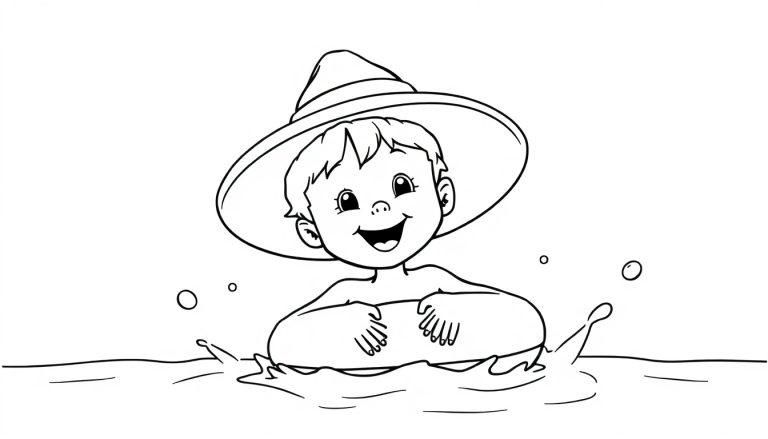 Eine Schwarz-Weiß-Farbtafel eines kleinen Kindes mit breitkrempigem Hut und Schwimmreifen im Wasser, umgeben von Wasserspritzern und Blasen.