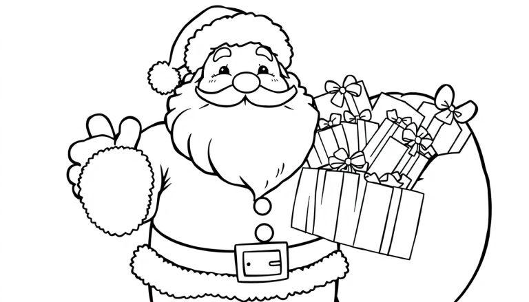 Schwarz-weiße Farbtafel-Zeichnung von Santa Claus mit einem Sack voller Geschenke.