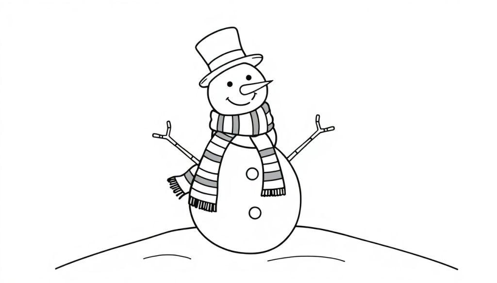 Schwarz-weiße Farbtafel eines freundlichen Schneemanns mit Karottennase, Hut und Schal auf einem verschneiten Hügel.