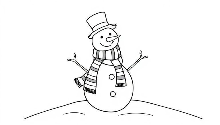 Schwarz-weiße Farbtafel eines freundlichen Schneemanns mit Karottennase, Hut und Schal auf einem verschneiten Hügel.