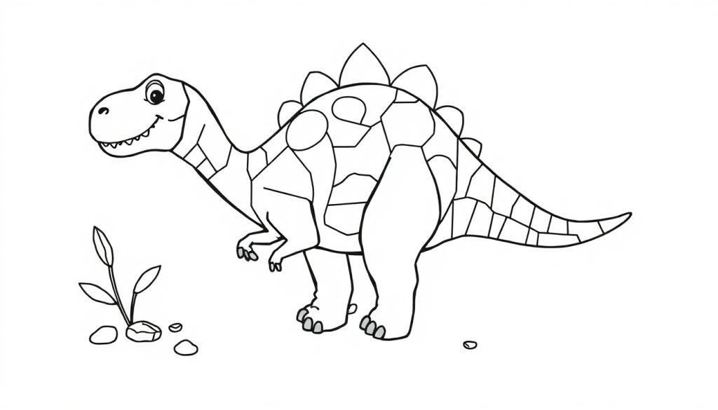 Eine schwarz-weiße Cartoon-Farbtafel eines freundlichen Stegosaurus mit unregelmäßigen Polygon-Mustern, der neben einer kleinen Pflanze steht.