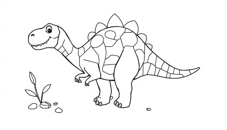 Eine schwarz-weiße Cartoon-Farbtafel eines freundlichen Stegosaurus mit unregelmäßigen Polygon-Mustern, der neben einer kleinen Pflanze steht.