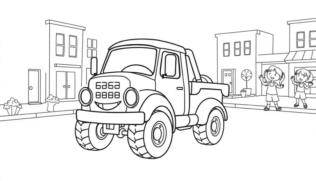 Schwarz-weiß Zeichnung eines Cartoon-Lastwagens mit einem freundlichen Gesicht, der sich einer Gruppe von Kindern auf einer Farbtafel nähert.