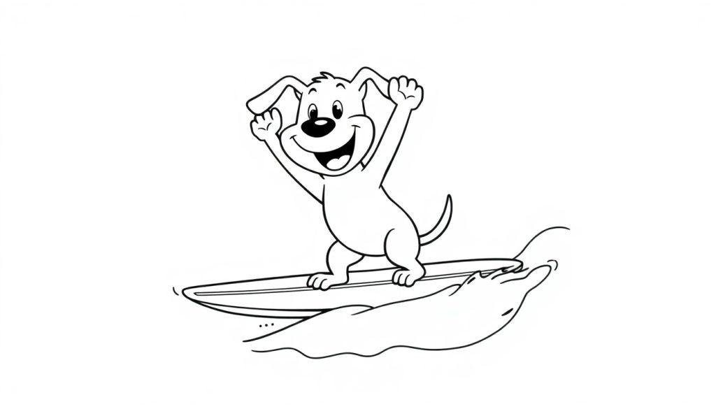 Ein lachender Cartoon-Hund auf einem Surfbrett mit hochgeworfenen Armen, auf einer schwarz-weißen Welle, Farbtafel.