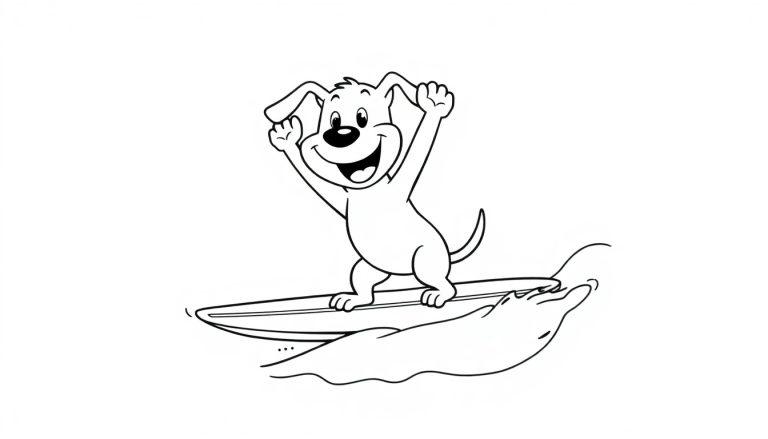 Ein lachender Cartoon-Hund auf einem Surfbrett mit hochgeworfenen Armen, auf einer schwarz-weißen Welle, Farbtafel.