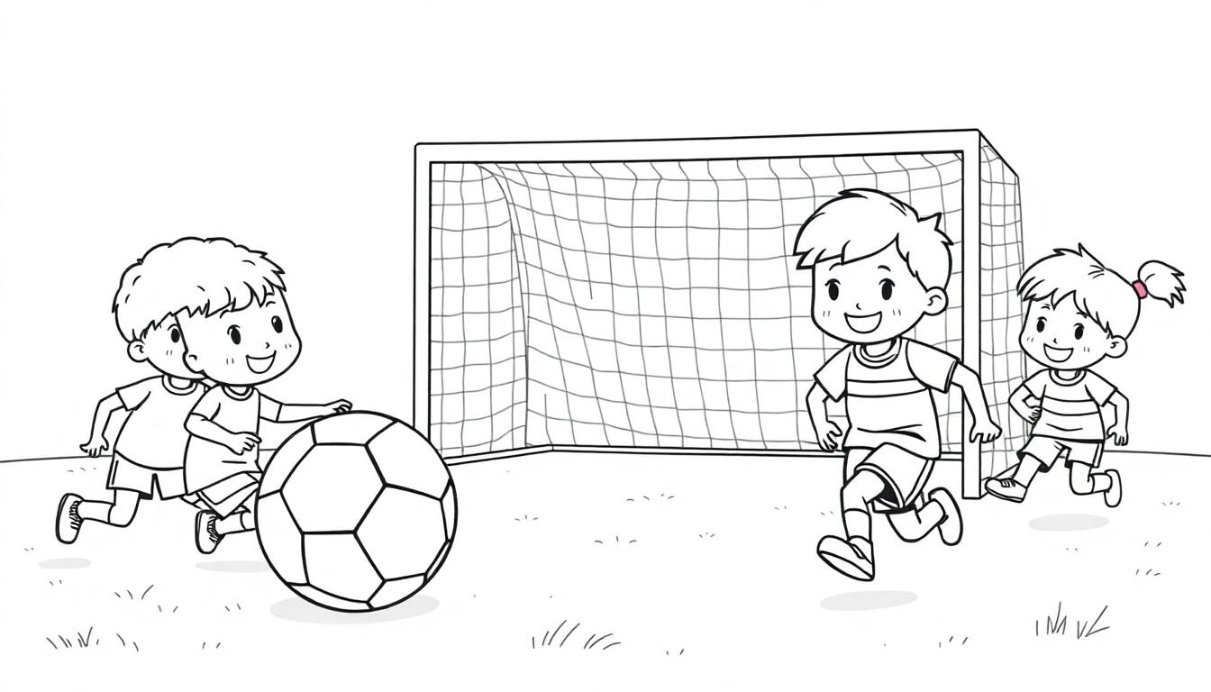 Schwarz-Weiß-Cartoon-Farbtafel: Kinder spielen Fußball im Park mit einem großen Tor.