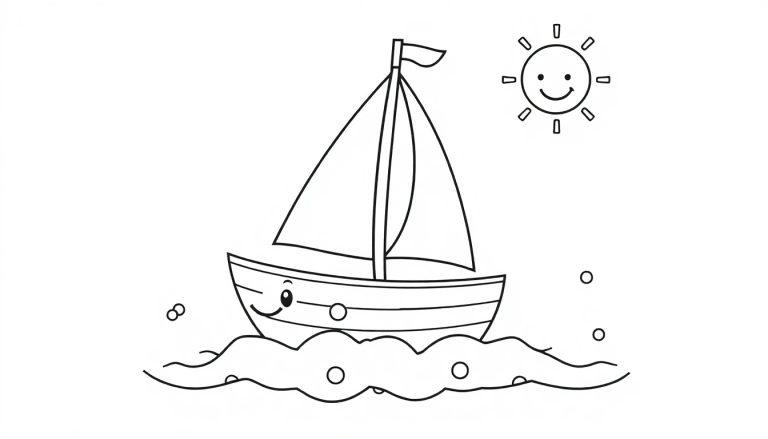 Schwarz-weiß Liniendoodle eines lächelnden Segelboots mit einer sonnigen Farbtafel.