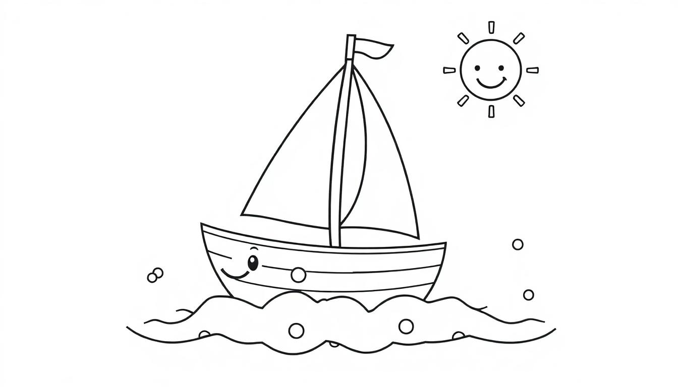 Schwarz-weiß Liniendoodle eines lächelnden Segelboots mit einer sonnigen Farbtafel.