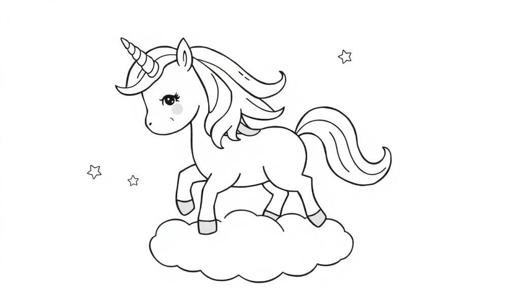 Schwarz-weiße Farbtafel-Illustration eines süßen Einhorns auf einer Wolke mit Sternen.