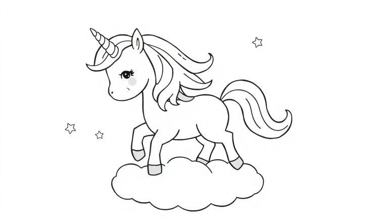 Schwarz-weiße Farbtafel-Illustration eines süßen Einhorns auf einer Wolke mit Sternen.