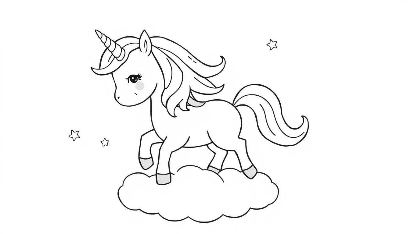 Schwarz-weiße Farbtafel-Illustration eines süßen Einhorns auf einer Wolke mit Sternen.