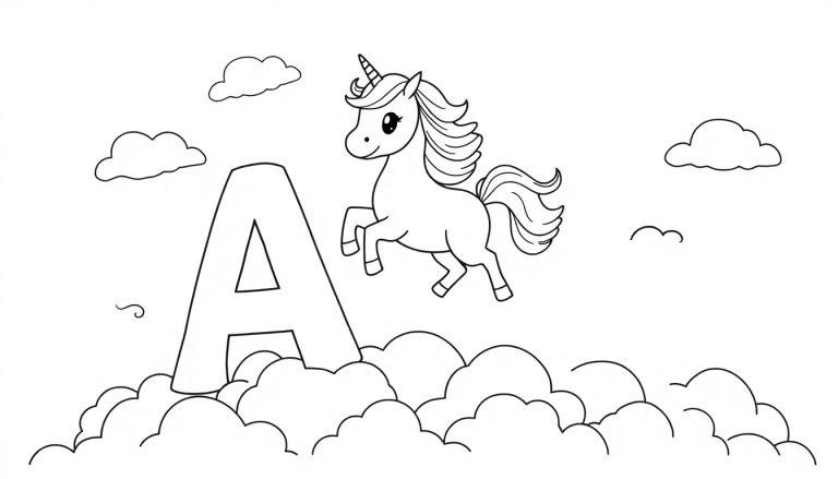 Einhorn-Farbtafel-Illustration mit dem Buchstaben A und Wolken.
