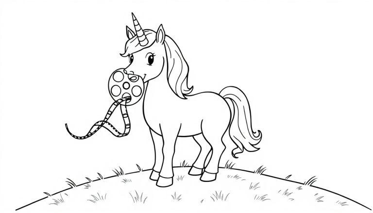 Schwarz-weiße Cartoon-Farbtafel eines niedlichen Einhorns mit einer Filmrolle im Maul, das auf einem grünen Hügel steht.