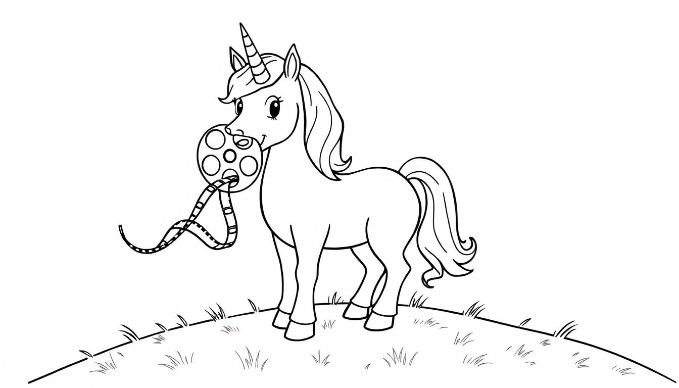 Schwarz-weiße Cartoon-Farbtafel eines niedlichen Einhorns mit einer Filmrolle im Maul, das auf einem grünen Hügel steht.