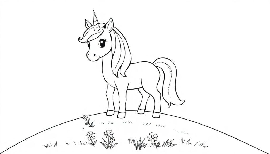 Schwarz-Weiß-Farbtafel eines niedlichen Cartoon-Einhorns mit einem spiralförmigen Horn und wallender Mähne, das auf einer kleinen Anhöhe steht.