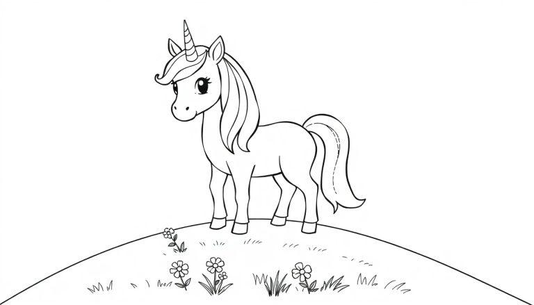 Schwarz-Weiß-Farbtafel eines niedlichen Cartoon-Einhorns mit einem spiralförmigen Horn und wallender Mähne, das auf einer kleinen Anhöhe steht.