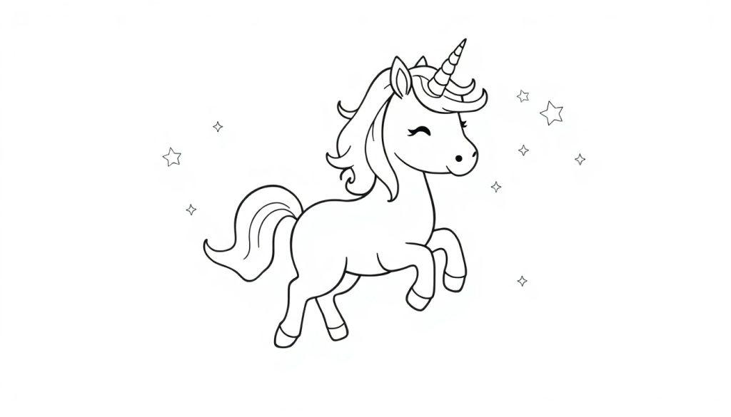 Schwarz-weiß Farbtafel eines niedlichen Chibi-Einhorns beim Sprung, mit Sternen.