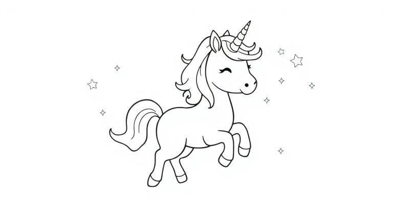 Schwarz-weiß Farbtafel eines niedlichen Chibi-Einhorns beim Sprung, mit Sternen.