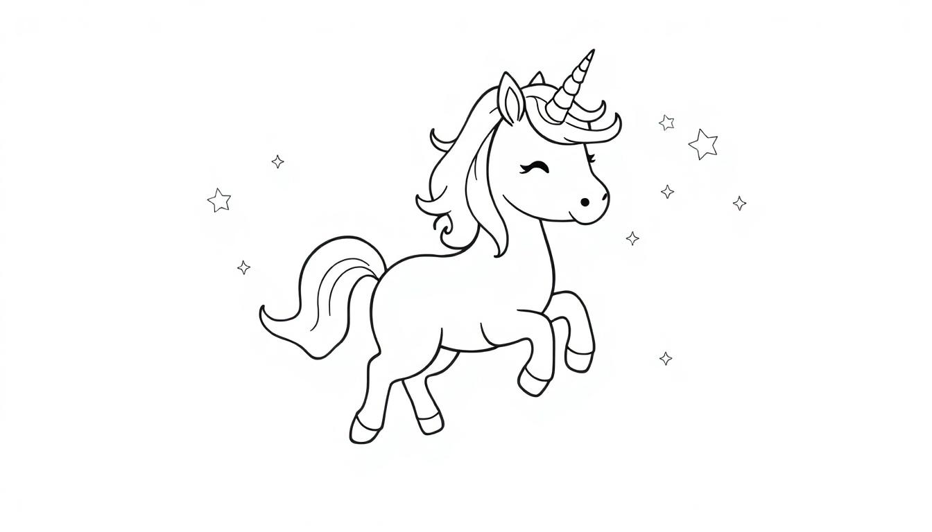Schwarz-weiß Farbtafel eines niedlichen Chibi-Einhorns beim Sprung, mit Sternen.