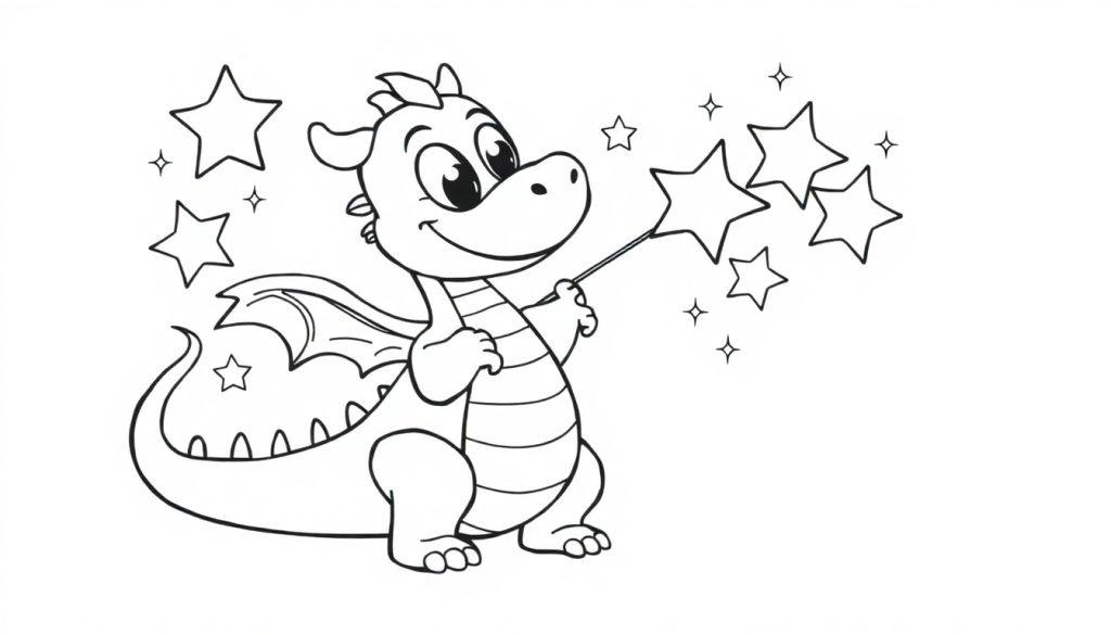 Ein Cartoon-Drache mit Zauberstab und Sternen, schwarz-weiß Farbtafel.