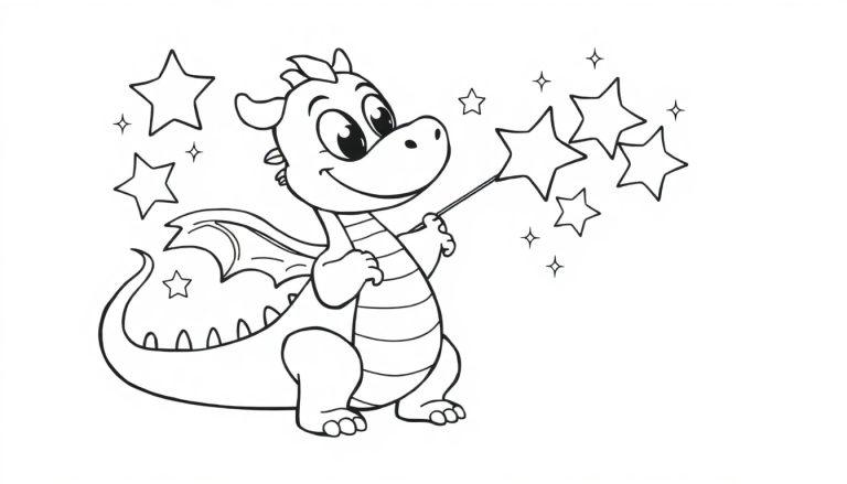 Ein Cartoon-Drache mit Zauberstab und Sternen, schwarz-weiß Farbtafel.