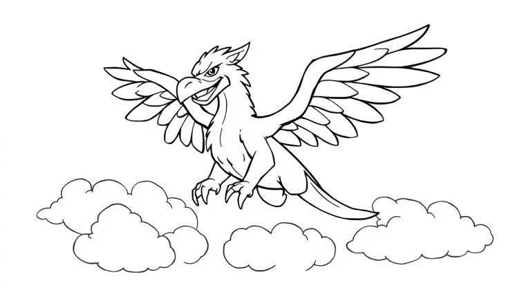 Eine schwarz-weiße Farbtafel eines Cartoon-Greifen mit ausgebreiteten Flügeln, der über Wolken fliegt.