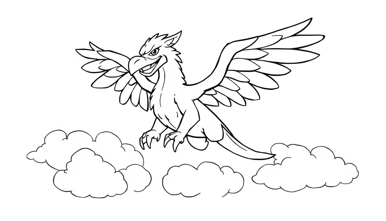 Eine schwarz-weiße Farbtafel eines Cartoon-Greifen mit ausgebreiteten Flügeln, der über Wolken fliegt.