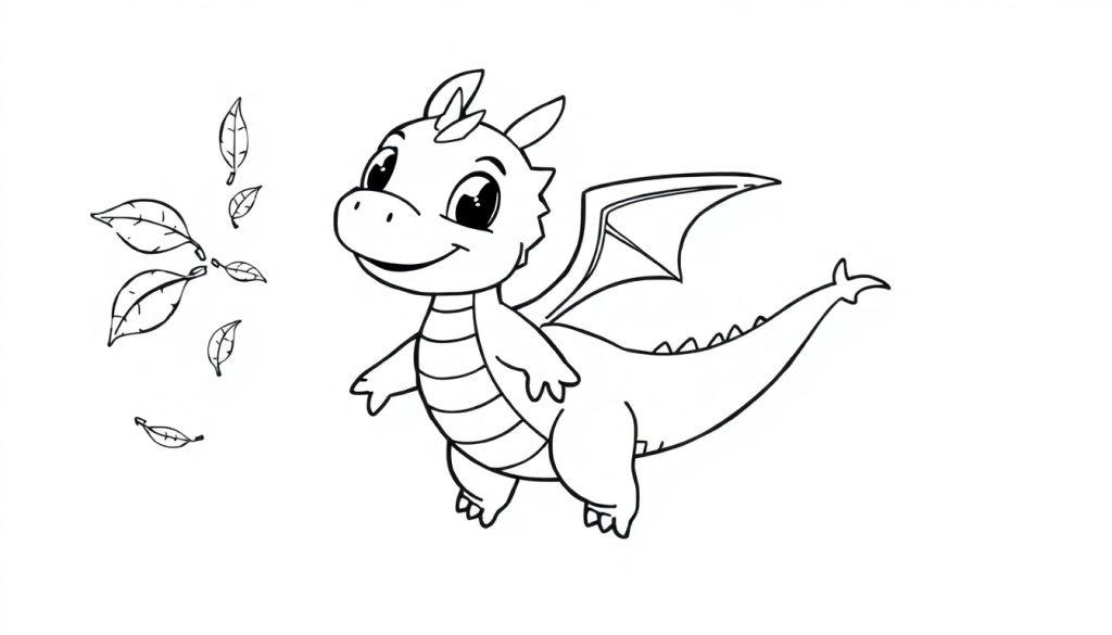 Eine schwarz-weiße Farbtafel-Zeichnung eines freundlichen Cartoon-Drachen mit einem dicken Körper, einem langen Schwanz und kleinen Flügeln, der lächelt, während Blätter im Wind um ihn herumwirbeln.