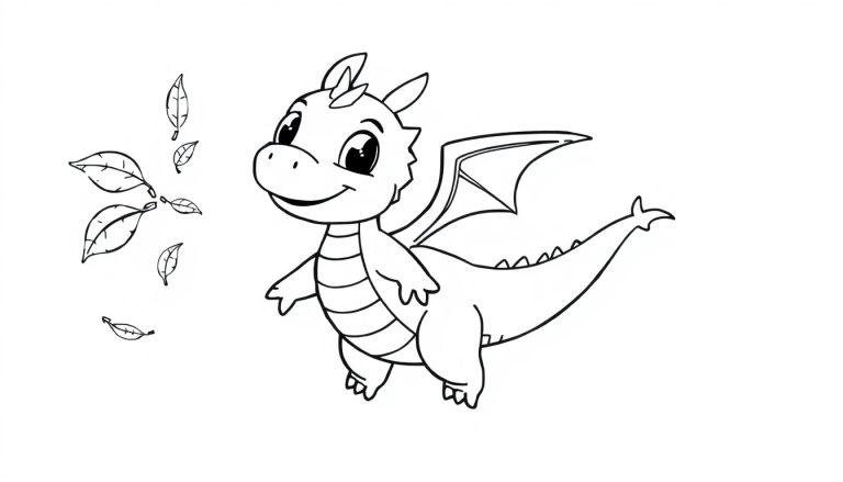 Eine schwarz-weiße Farbtafel-Zeichnung eines freundlichen Cartoon-Drachen mit einem dicken Körper, einem langen Schwanz und kleinen Flügeln, der lächelt, während Blätter im Wind um ihn herumwirbeln.