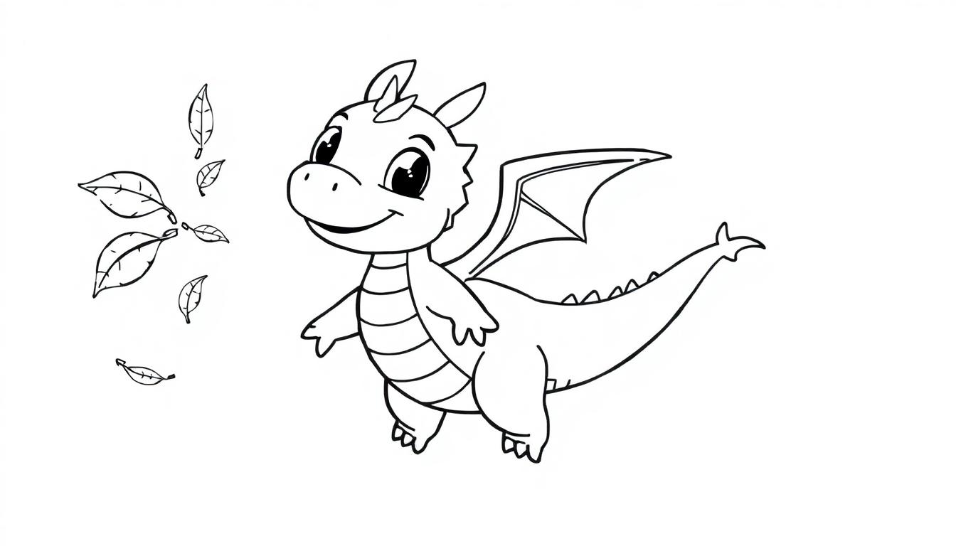 Eine schwarz-weiße Farbtafel-Zeichnung eines freundlichen Cartoon-Drachen mit einem dicken Körper, einem langen Schwanz und kleinen Flügeln, der lächelt, während Blätter im Wind um ihn herumwirbeln.