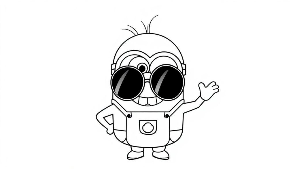 Schwarz-weiße Farbtafel eines fröhlichen Cartoon-Minions mit einer großen runden Brille und winkender Hand.
