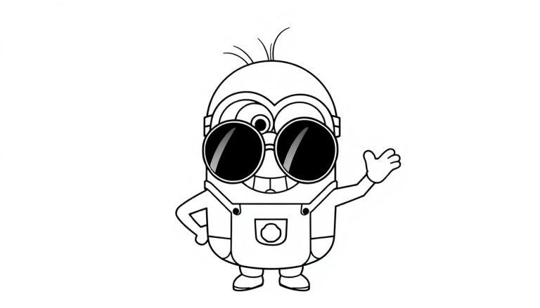 Schwarz-weiße Farbtafel eines fröhlichen Cartoon-Minions mit einer großen runden Brille und winkender Hand.