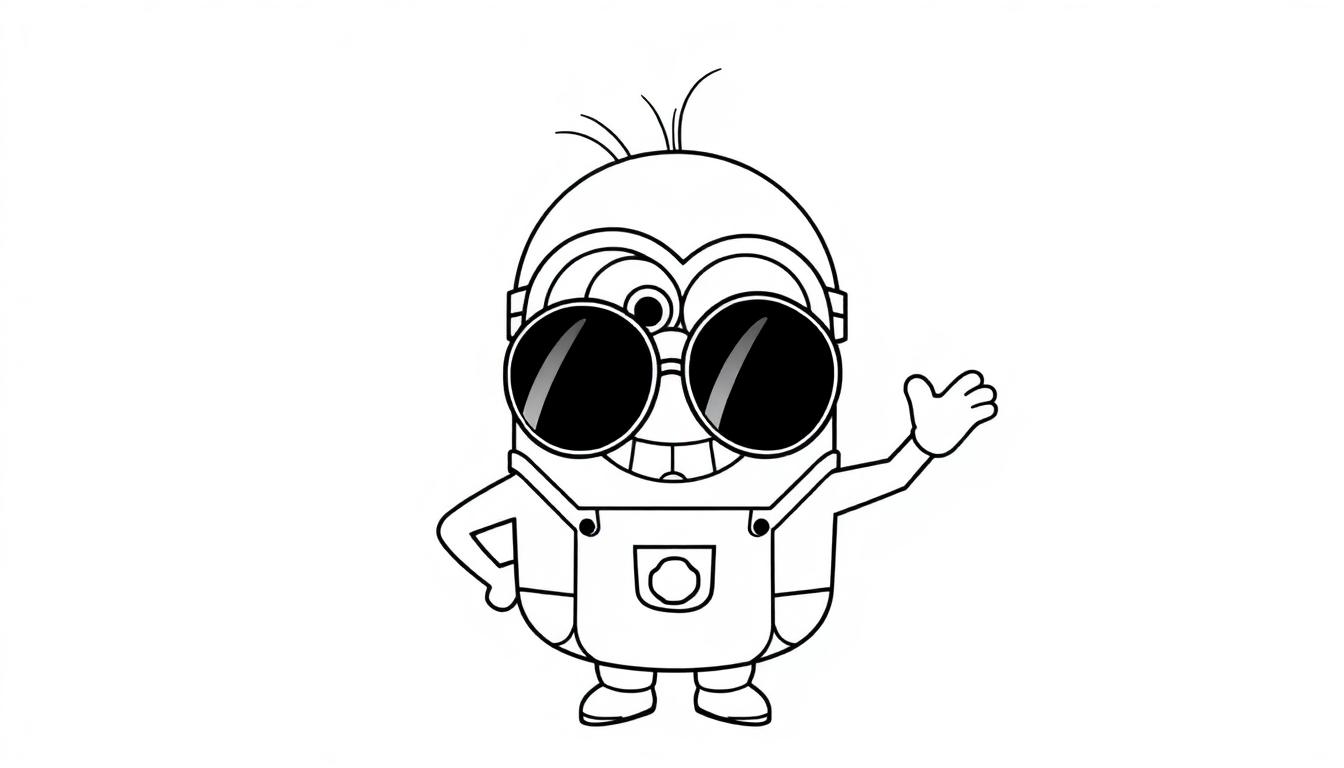 Schwarz-weiße Farbtafel eines fröhlichen Cartoon-Minions mit einer großen runden Brille und winkender Hand.