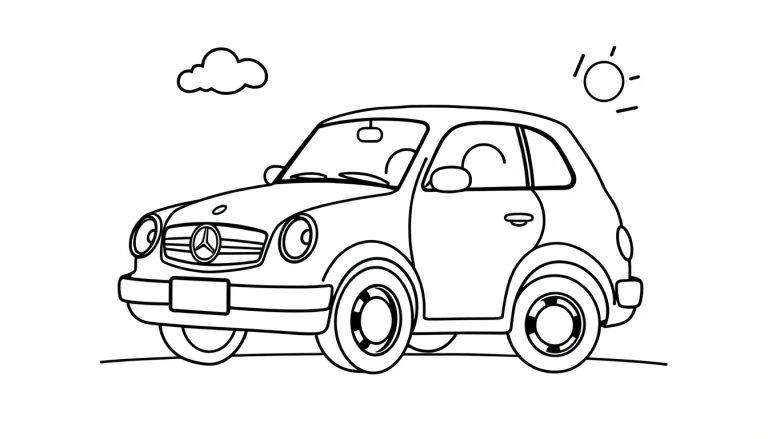Farbtafel: Schwarz-weiße Zeichnung eines einfachen Autos, das wie ein Mercedes-Benz aussieht, mit einer Wolke und einer Sonne im Hintergrund.