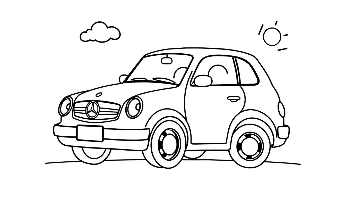 Farbtafel: Schwarz-weiße Zeichnung eines einfachen Autos, das wie ein Mercedes-Benz aussieht, mit einer Wolke und einer Sonne im Hintergrund.