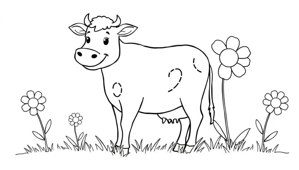 Buntstift-Malvorlage: Eine fröhliche Kuh auf der Weide, umgeben von Blumen. Schwarz-weiß, keine Farben. Farbtafel.