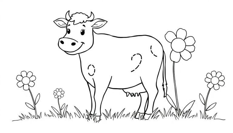 Buntstift-Malvorlage: Eine fröhliche Kuh auf der Weide, umgeben von Blumen. Schwarz-weiß, keine Farben. Farbtafel.