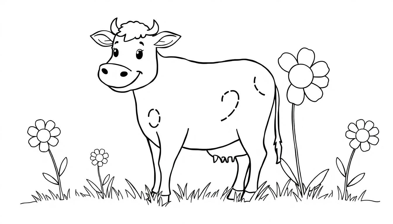 Buntstift-Malvorlage: Eine fröhliche Kuh auf der Weide, umgeben von Blumen. Schwarz-weiß, keine Farben. Farbtafel.