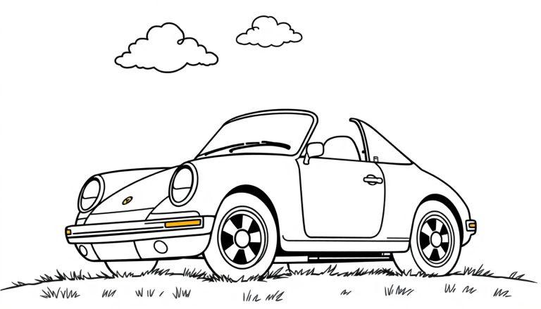 Schwarz-weiße Farbtafel-Zeichnung eines stilisierten Autos, das wie ein Porsche Targa aussieht, steht auf Gras unter zwei Wolken.